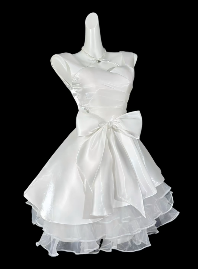 Elegant White Satin Organza Bow A Line Short Homecoming Dress Birthday Outfits SP3501