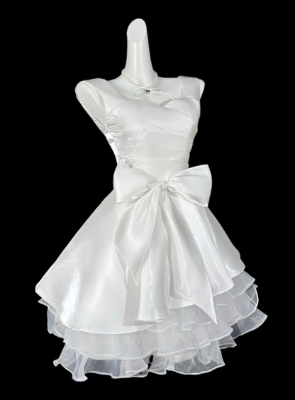 Elegant White Satin Organza Bow A Line Short Homecoming Dress Birthday Outfits SP3501