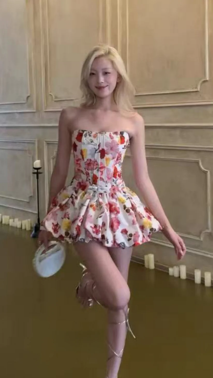 Pretty Strapless Satin Print Floral A Line Short Graduation Homecoming Dress Birthday Outfits SP146