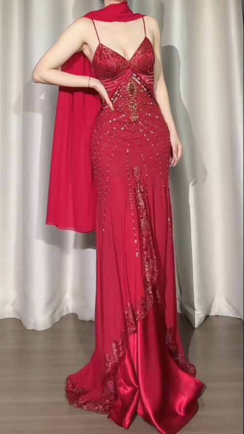 Charming Spaghetti Straps V Neck Chiffon Beaded Mermaid Party Dress Red Birthday Prom Gowns SP1755