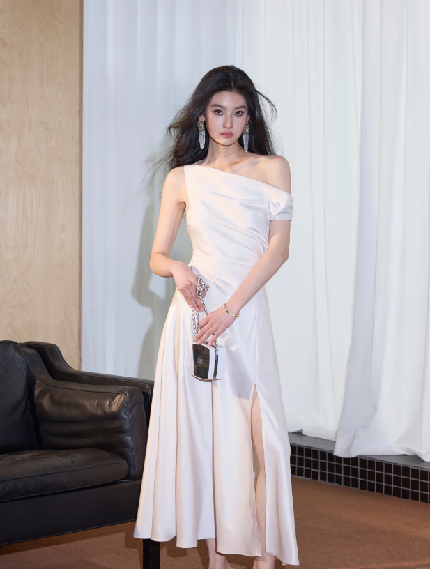 Classy White Satin Slit A Line Long Evening Dress Off The Shoulder Birthday Dress SP2088