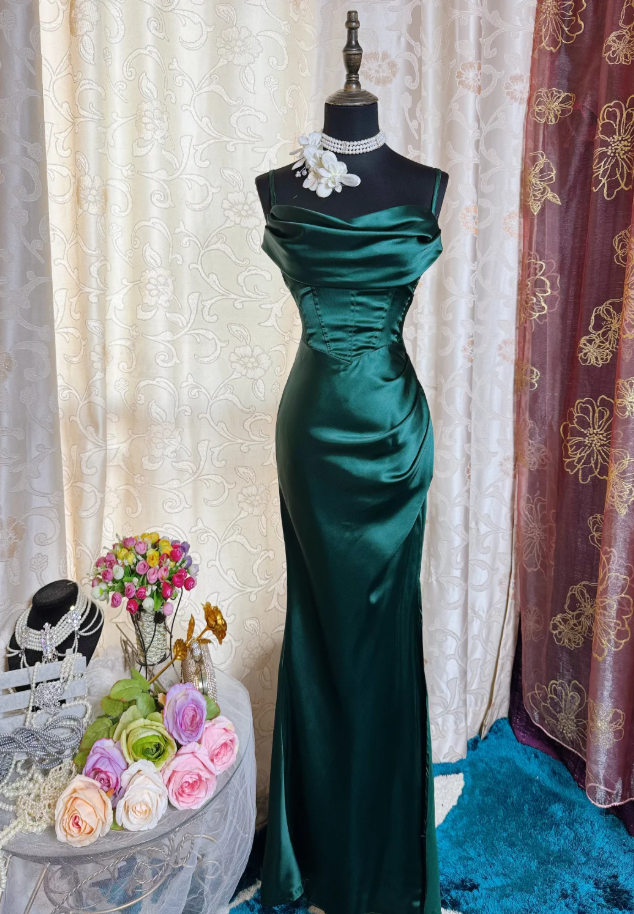 Unique Spaghetti Straps Emerald Green Satin Mermaid Slit Evening Dress Long Wedding Guest Dress SP1616
