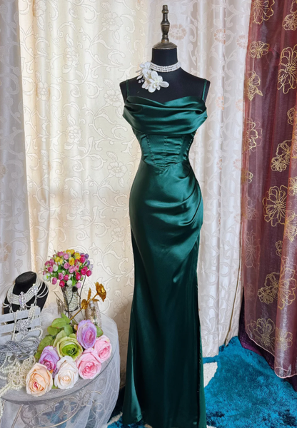 Unique Spaghetti Straps Emerald Green Satin Mermaid Slit Evening Dress Long Wedding Guest Dress SP1616