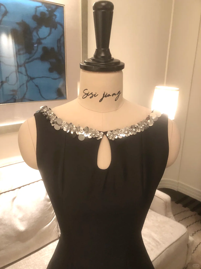 Sexy Black Sleeveless Satin Sequin Mini Homecoming Dress Backless Sheath Cocktail Dress SP2365