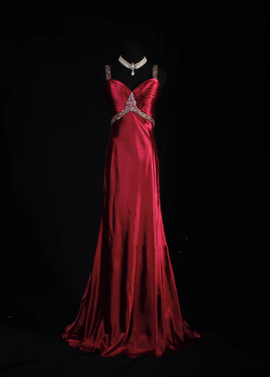 Pretty Burgundy Spaghetti Straps Satin Beaded Mermaid Long Evening Dress Prom Gown SP1697