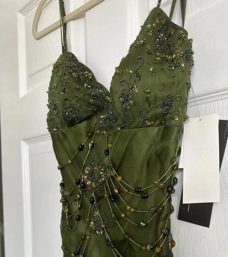 Vintage Spaghetti Straps Green Chiffon Beaded Mermaid Slit Long Prom Dress Birthday Evening Gown SP1811