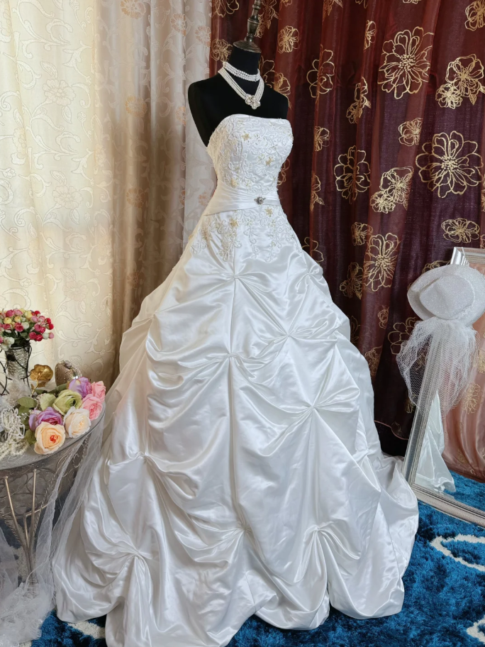 Vintage Strapless Satin Pleated Beaded Bridal Dress White Long Wedding Dress SP1611