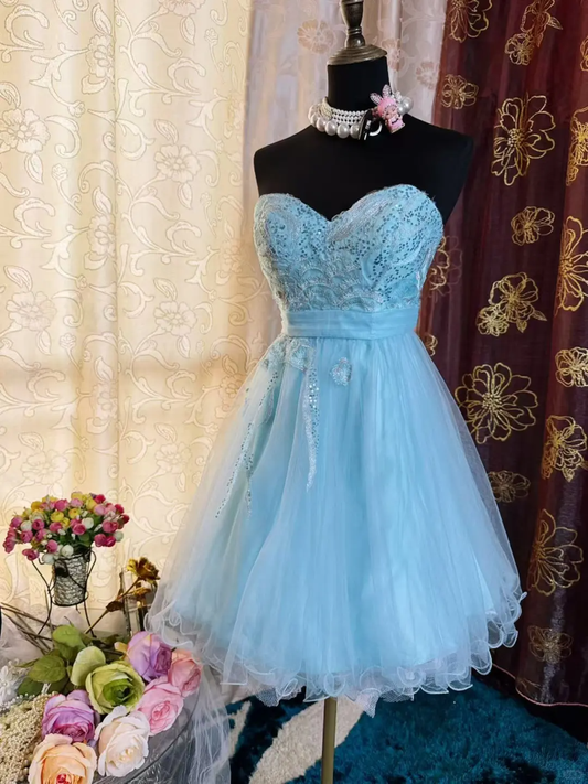 Elegant Strapless Blue Tulle Sequin Appliques A Line Short Homecoming Dress 19th Birthday Outfits SP80