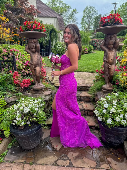 Glamorous Sweetheart Neck Tulle Appliques Mermaid Evening Dress Slit Prom Dress SP617