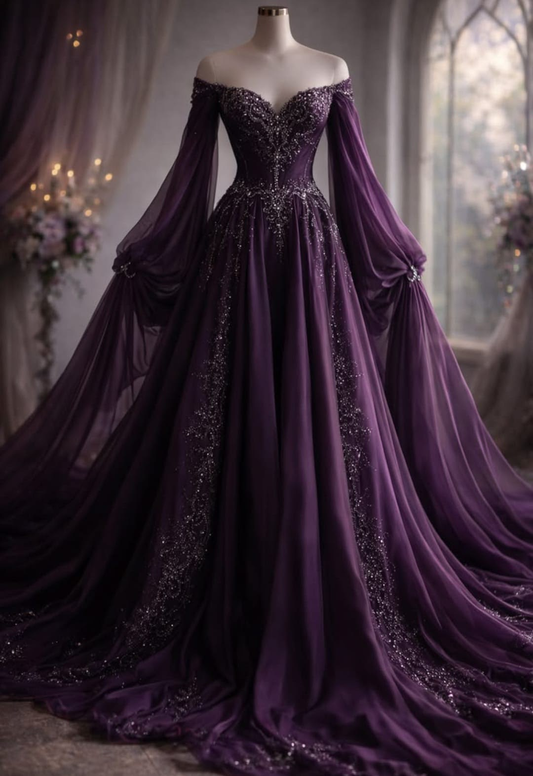 Elegant Off The Shoulder Purple Tulle Chiffon Beaded Quinceanera Dress SP4315