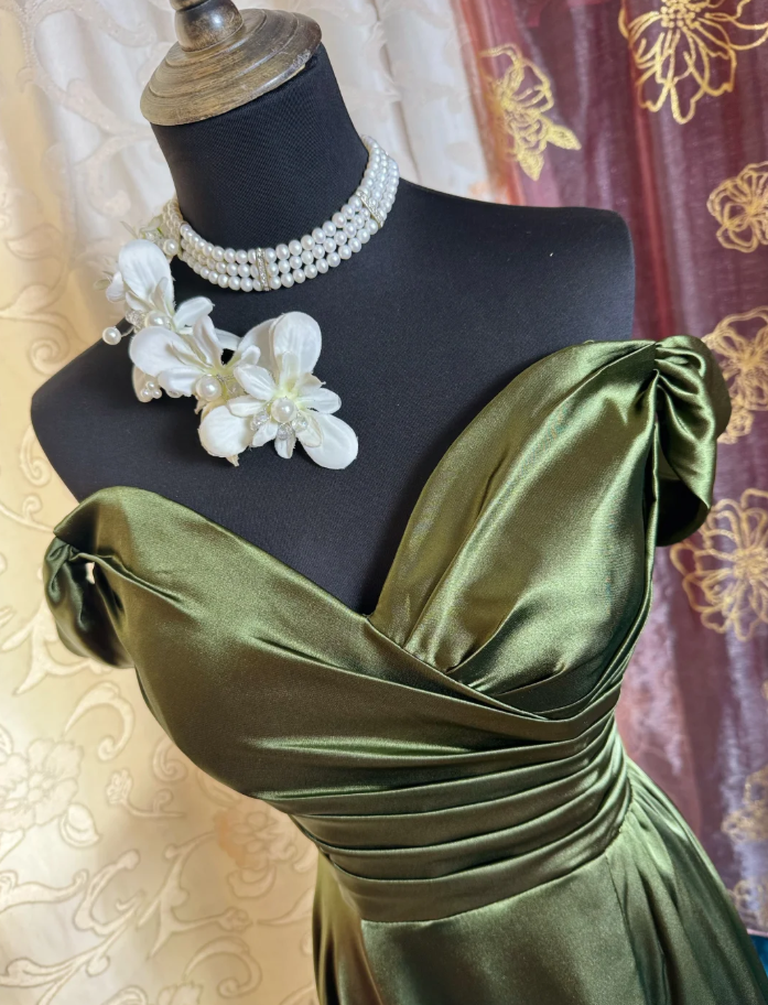 Classy Off The Shoulder Olive Green Satin Pleated Slit Long Evening Dress Formal Wedding Guest  Dress SP1889