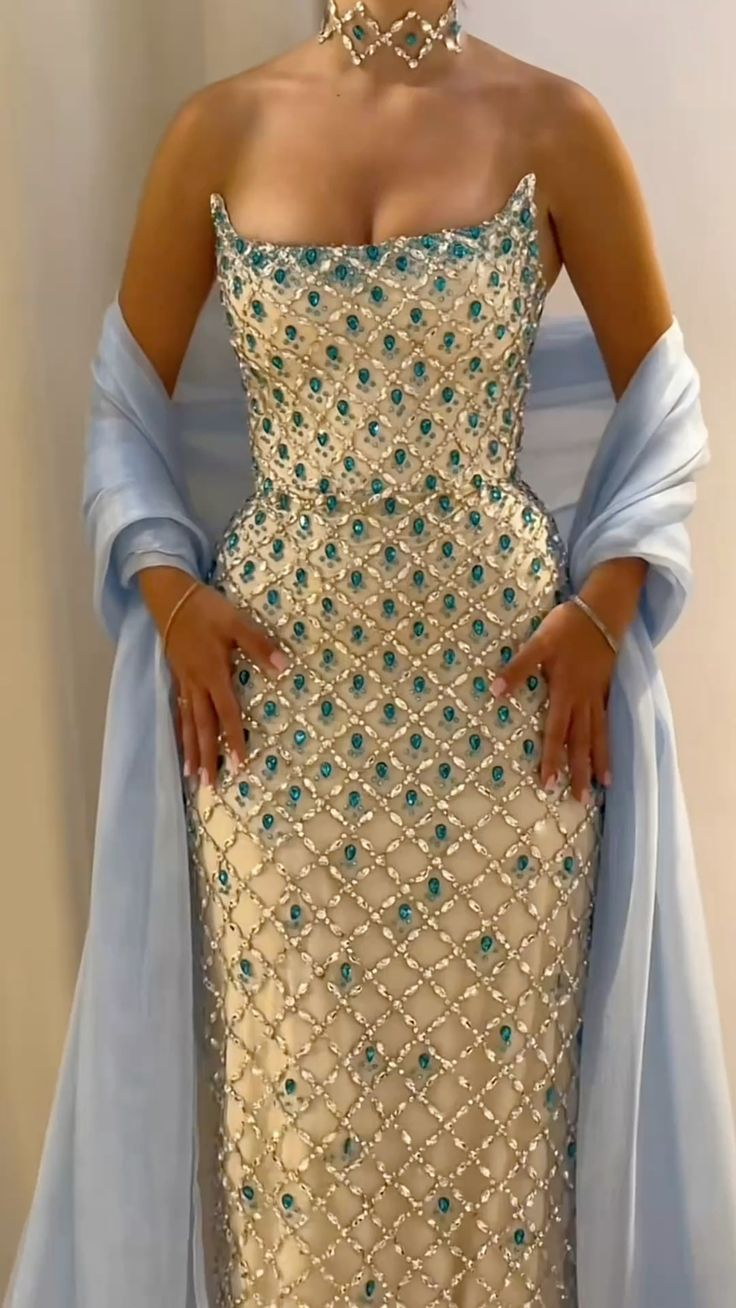 Gorgeous Strapless Blue Sequin Beaded Sheath Long Party Dress Formal Birthday Party Gown SP772