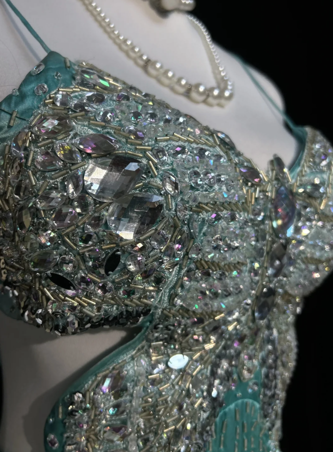 Gorgeous Green Spaghetti Straps Satin Beaded Mermaid Party Dress Backless Long Prom Gown SP1283