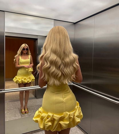 Sexy Square Neck Yellow Satin Pleated Short Cocktail Dress Homecoming Dress SP3276