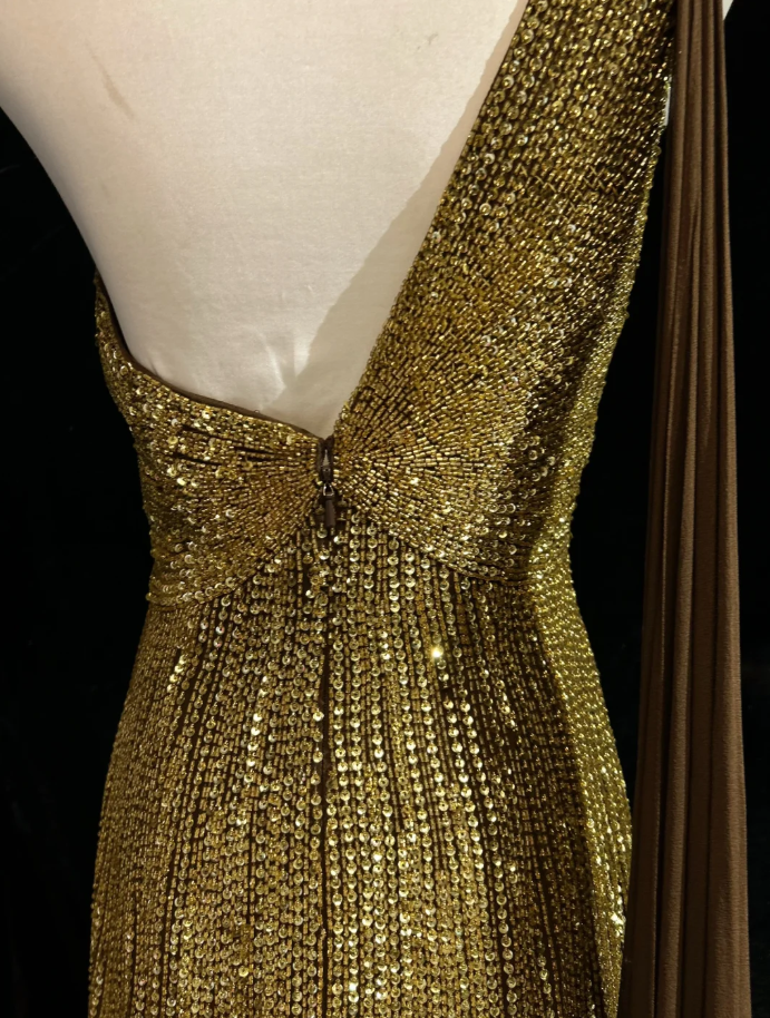 Gorgeous One Shoulder Gold Sequin Beaded Mermaid Long Prom Dress Party Gown SP1857