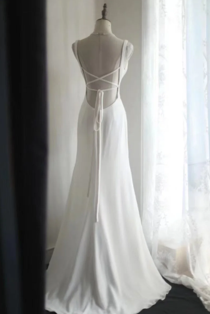 Elegant White V Neck Backless Long Wedding Guest Dress Party Gown SP1205