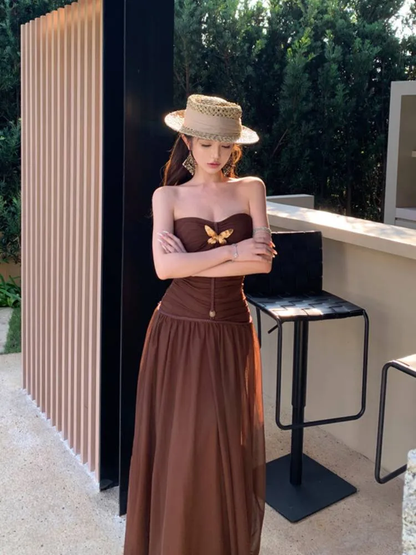 Sexy Brown Strapless A Line Long Prom Dress Evening Dress SP2289