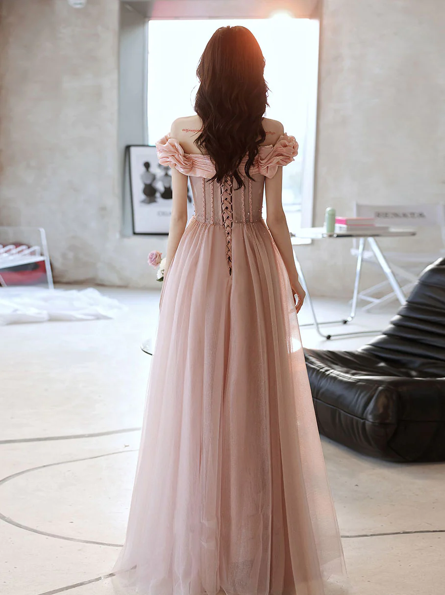 Pink Sweetheart Neck Tulle Beads Long Prom Dress, Pink Evening Dress,Y2406