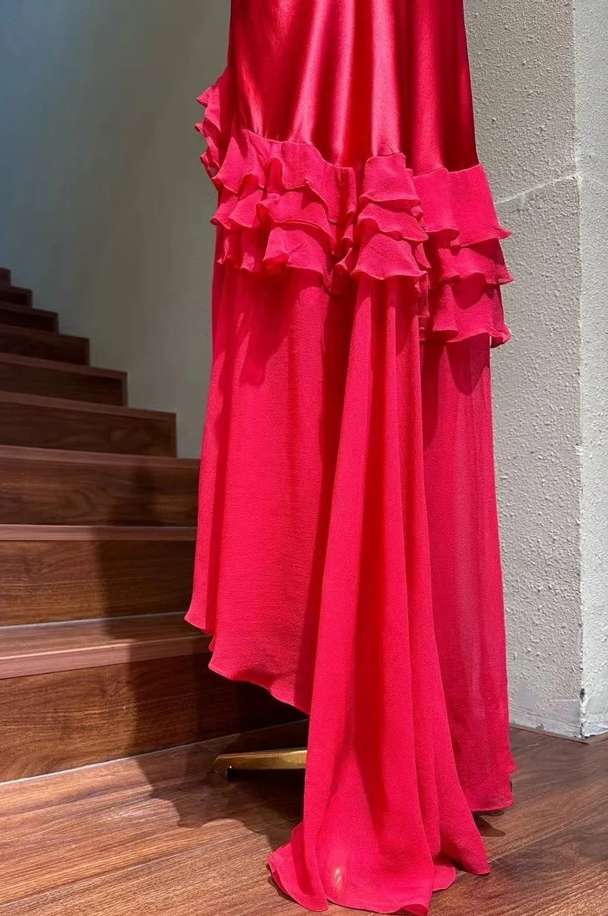 Vintage Red V Neck Satin Chiffon Ruffle Pleated Long Party Dress Prom Gown SP3846