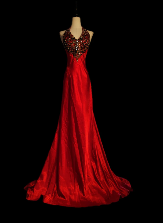 Vintage Halter Red Satin Beaded Mermaid Party Dress Formal Prom Gown SP595