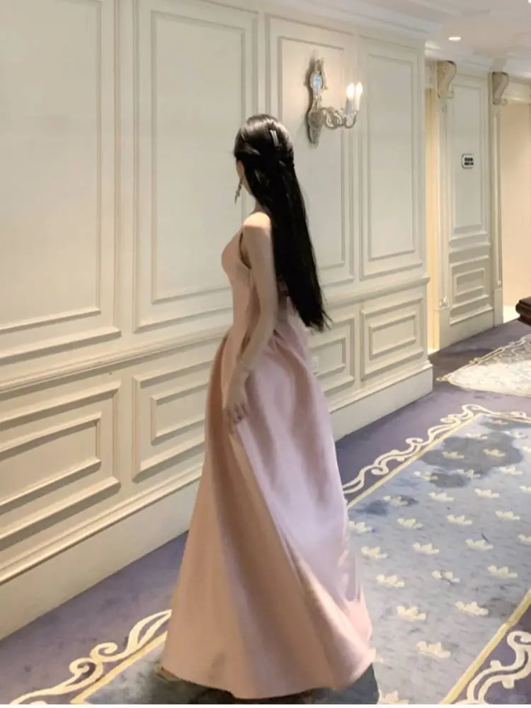 Cute Spaghetti Straps V Neck Satin A Line Long wedding Guest Dress Pink Evening Dress Prom Dress SP2291