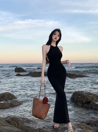 Sexy Black Halter Sheath Backless long Prom Dress Evening Gown SP2292