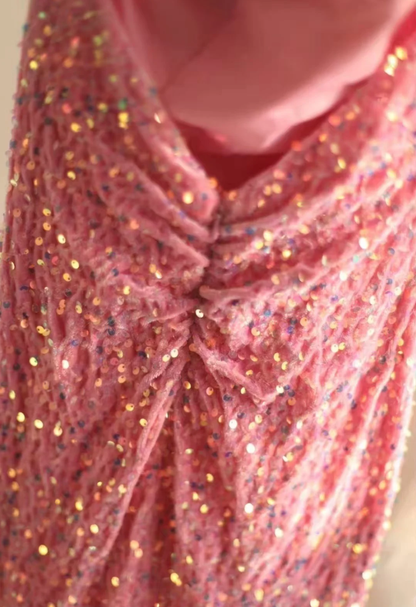 Shiny One Shoulder Pink Sequin Mermaid Evening Dress Long Wedding Guest Dress SP1171