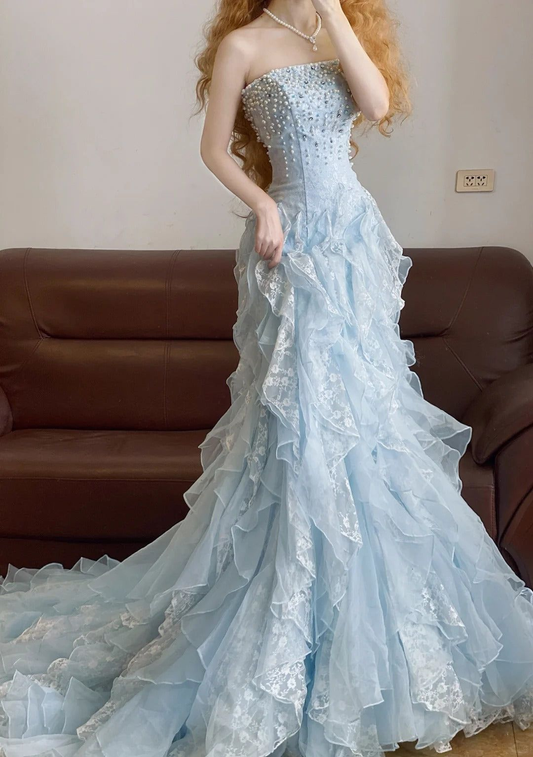 Classy Blue Strapless Tulle Lace Appliques Beaded Mermaid Long Evening Dress Birthday Prom Gown SP930