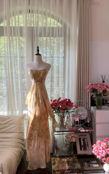 Elegant Fashion Long Chiffon Strapless Evening Dress Birthday Party Dress Y9790