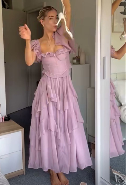 Elegant Lilac Square Chiffon Ruffled A Line Long Party Dress Birthday Dress SP2314