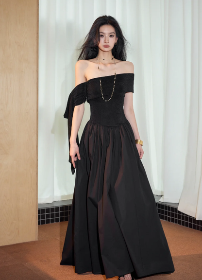 Chic Off The Shoulder Black Satin A Line Long Evening Dress Formal Wedding Guest Dress SP2087