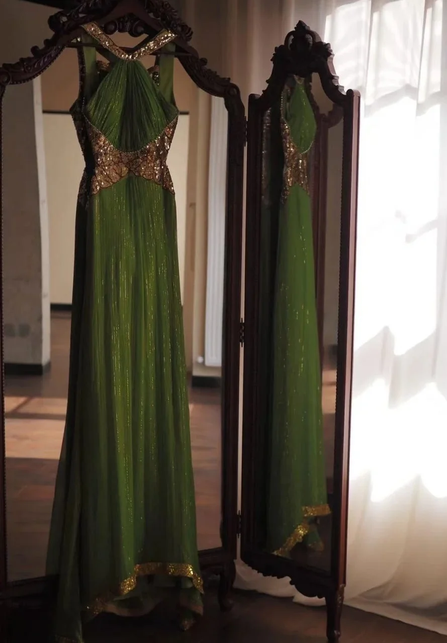 Vintage Sleeveless Green Tulle Sequin Long Party Dress Birthday Prom Dress SP3844