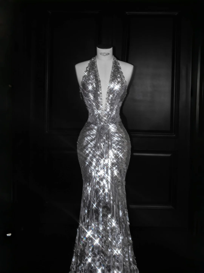 Sparkly Silver Deep V Halter Sequins Beaded Backless Evening Dress,Mermaid Prom Dress Y8687