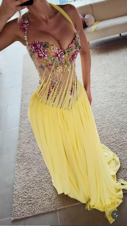 Glamorous Halter Chiffon Appliques Mermaid Evening Dress Yellow Long Party Dress SP4267