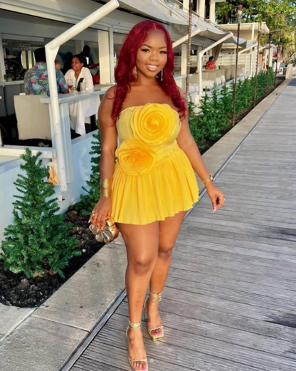 Cute Strapless Satin A Line Yellow Flowers Short Homecoming Dress 15th Birthday Outfits SP20