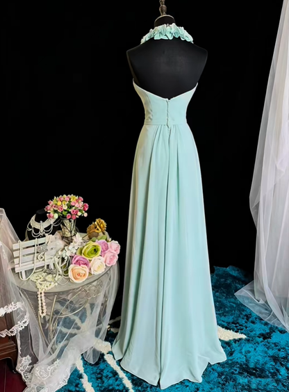 Elegant Mint Green Chiffon A Line Long Wedding Guest Dress Halter V Neck Long Evening Dress SP2372