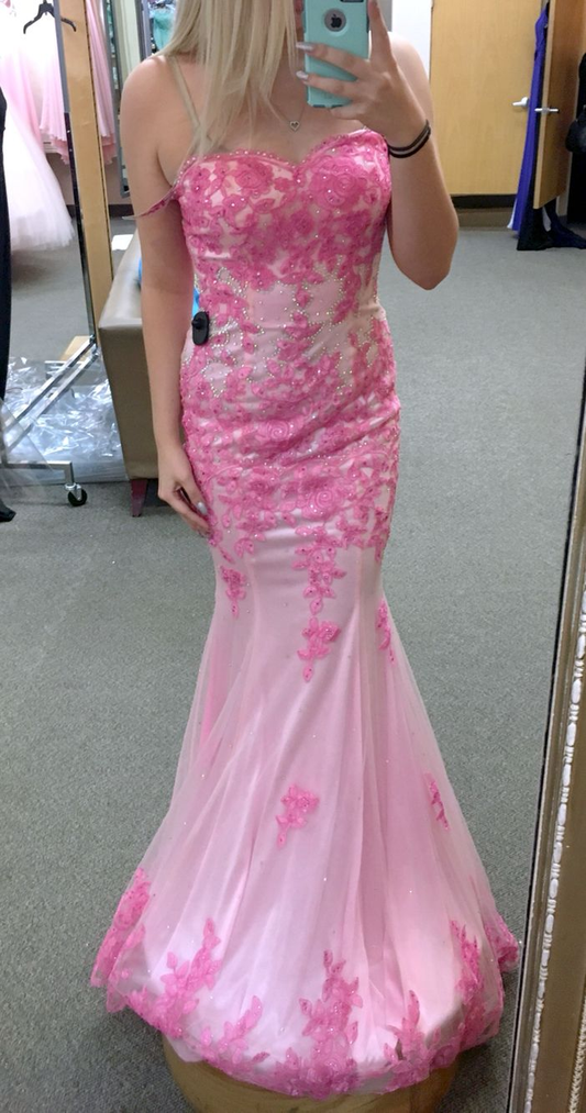 Mermaid Pink Lace Appliques Long Prom Dress  Y5228