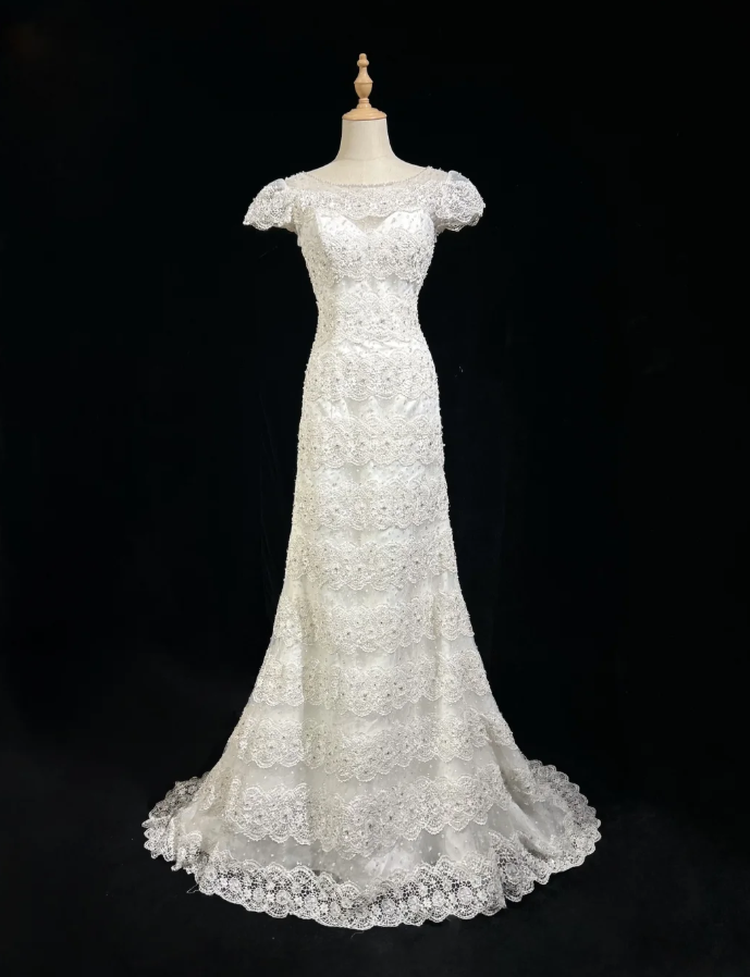 Classy White Lace Beaded Mermaid Long Birthday Prom Dress Formal Evening Dress SP1386