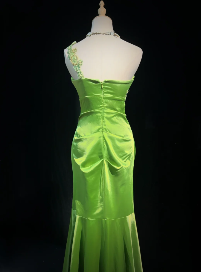 Pretty Green One Shoulder Satin Beaded Mermaid Evening Dress Long Wedding Guest Dress SP1972