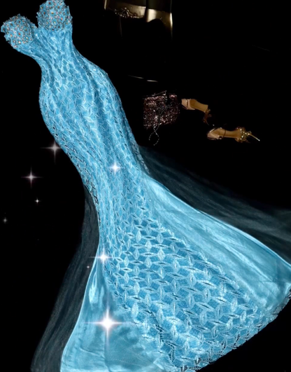 Chic Blue Strapless Lace Tulle Beaded Mermaid Long Evening Dress Prom Gown SP728
