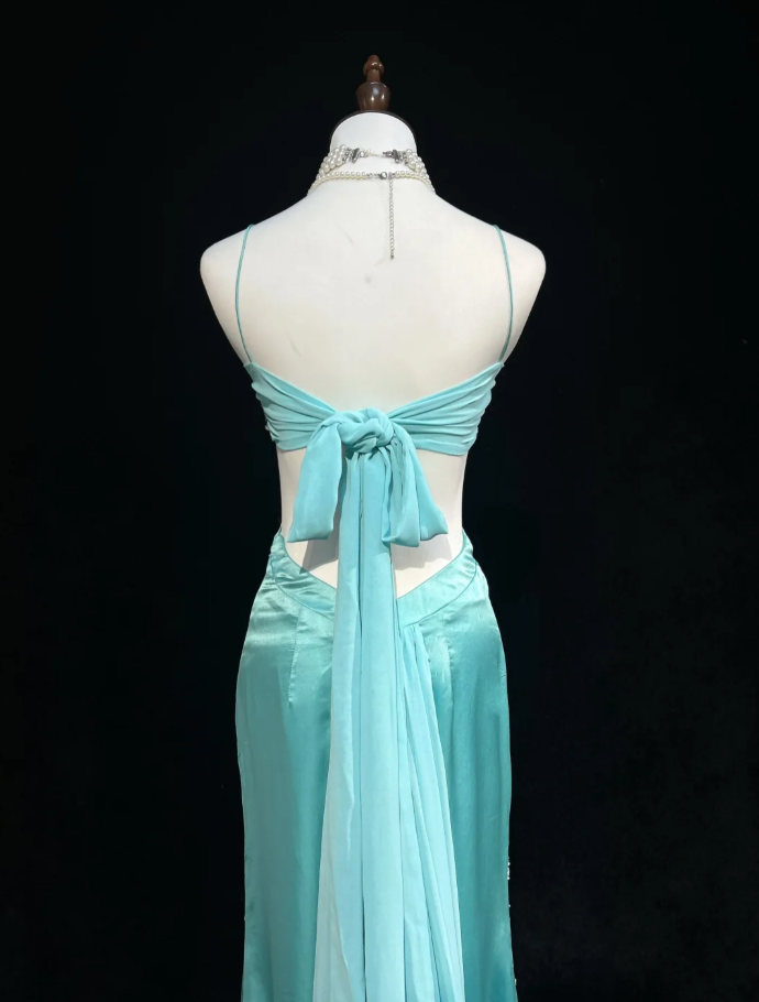 Gorgeous Green Spaghetti Straps Satin Beaded Mermaid Party Dress Backless Long Prom Gown SP1283