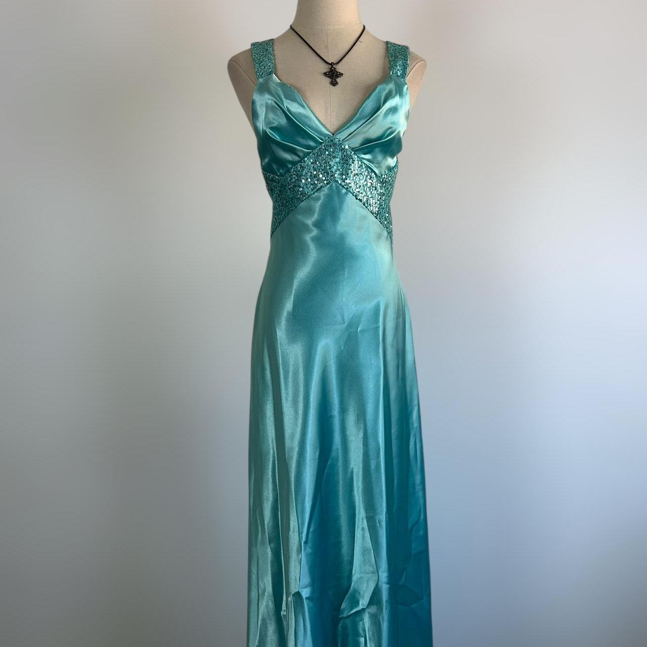 Blue V Neck Satin Sequin Formal Prom Dress Backless Evening Dress Y8548