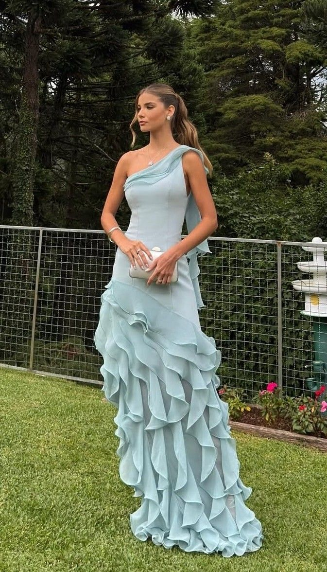 Classy Blue One Shoulder Ruffles Long Wedding Guest Dress Party Dress SP988