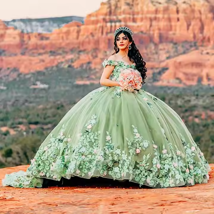 Light Sage Green Quinceanera Dresses Sweet 16 Pageant Floral Ball Gown – Simplepromdress