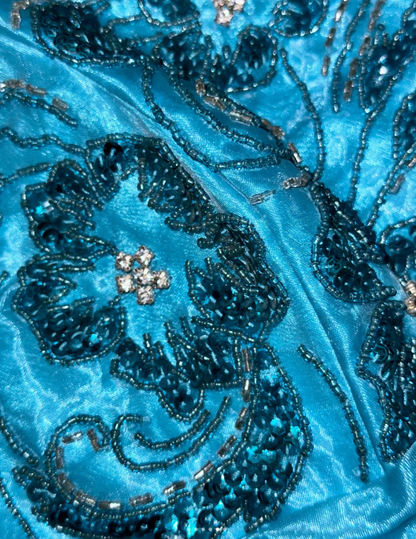 Elegant Strapless Blue Strapless Organza Beaded Mermaid Long Prom Dress Party Dress  SP950