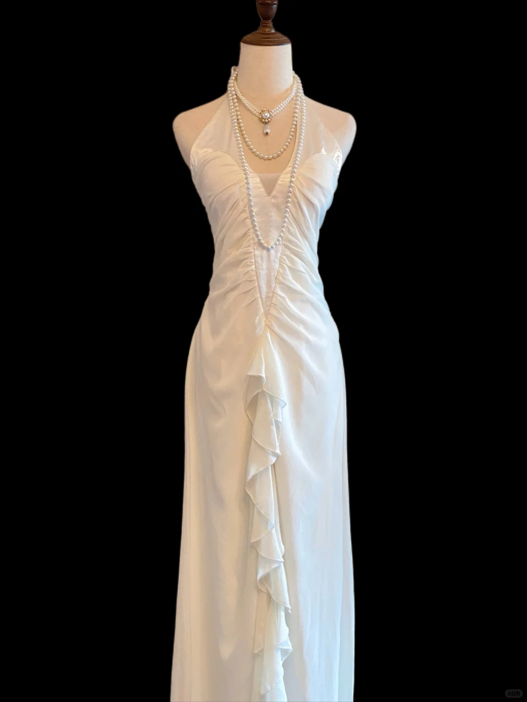 Classy Halter White Chiffon Ruffle Sheath Long Evening Dress Party Gown SP4084