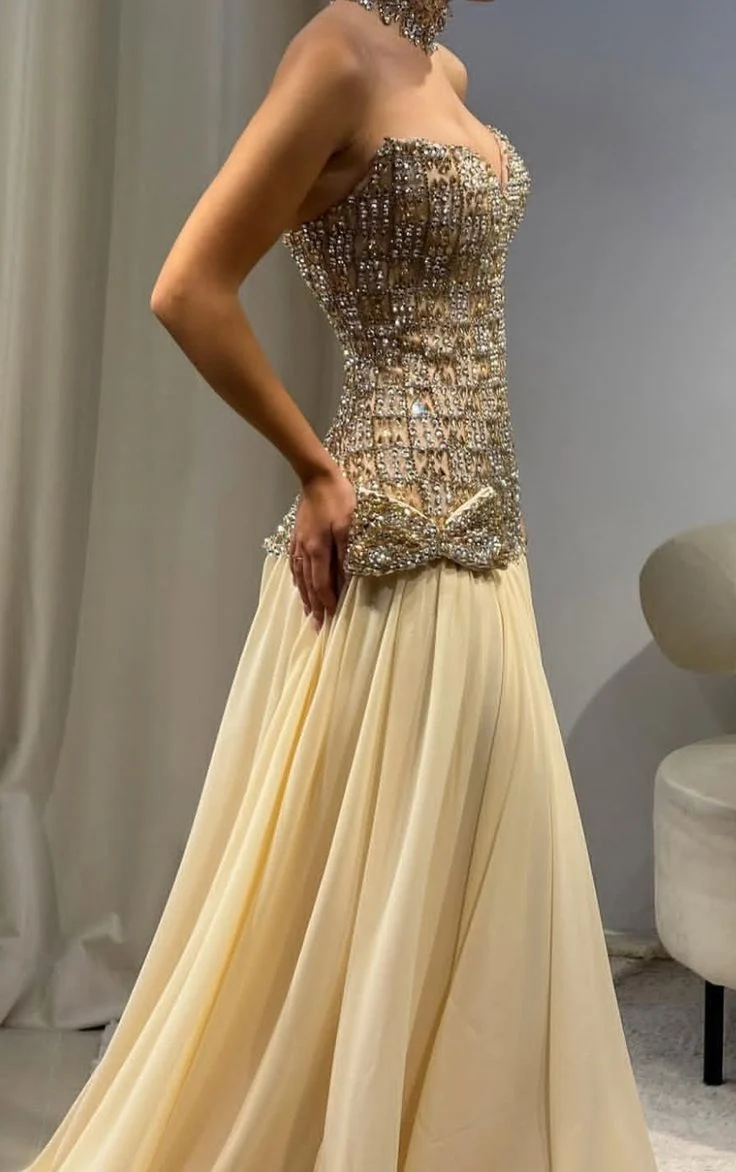 Glamorous Strapless Chiffon Beaded Long Evening Dress Yellow Mermaid Long Party Dresses SP4134