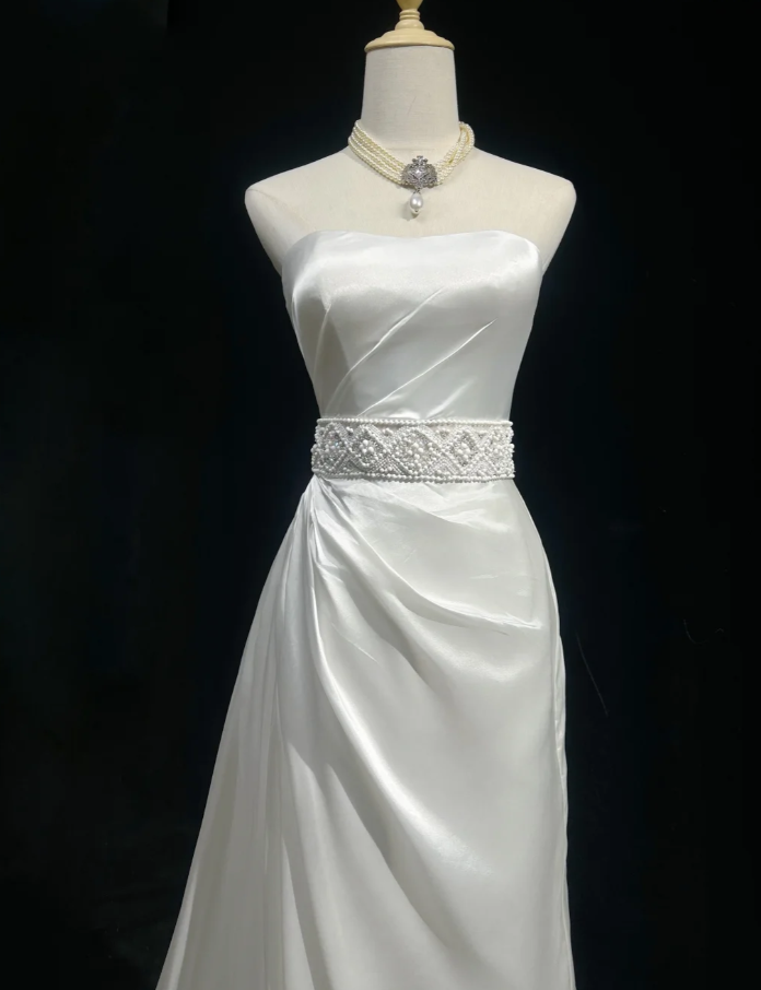 Classy Strapless White Satin Beaded Mermaid Wedding Dress Long Bridal Gowns SP1800