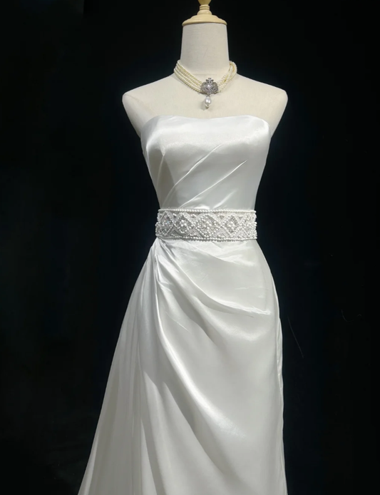 Classy Strapless White Satin Beaded Mermaid Wedding Dress Long Bridal Gowns SP1800