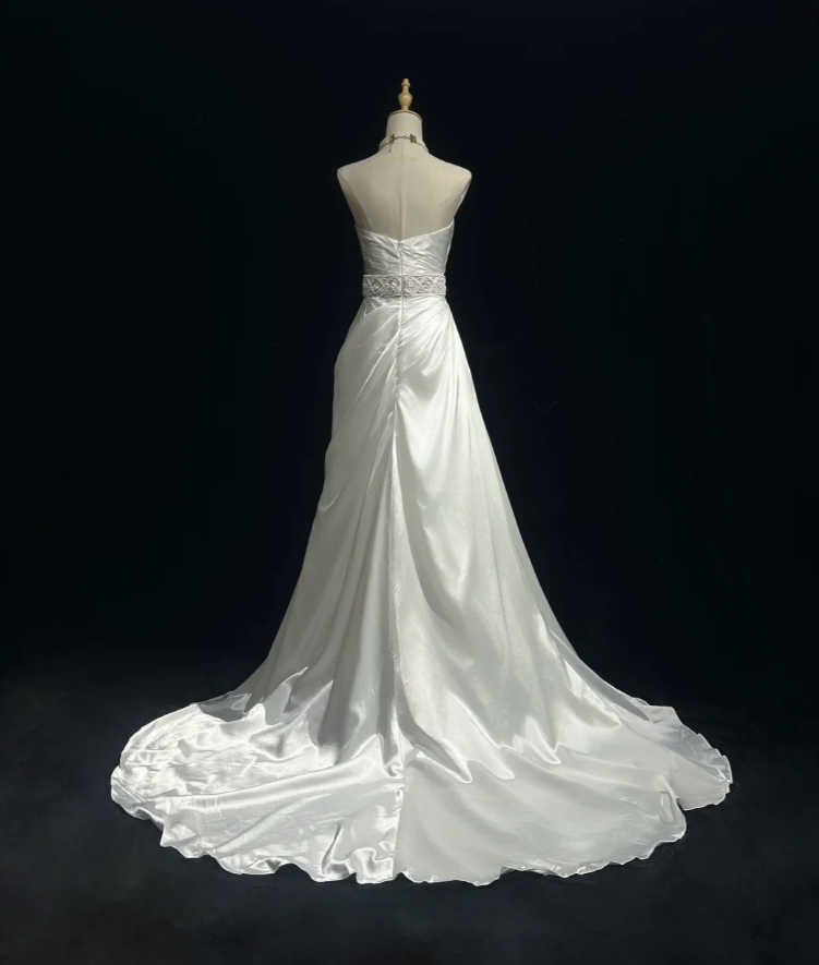 Classy Strapless White Satin Beaded Mermaid Wedding Dress Long Bridal Gowns SP1800